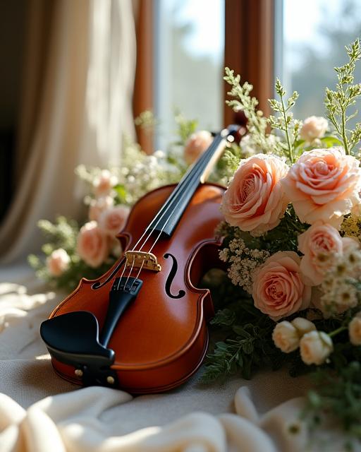 Dettaglio di un violino antico appoggiato accanto a una composizione floreale delicata