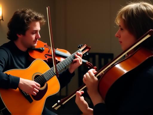 Musicisti con chitarra e violino durante un concerto acustico privato