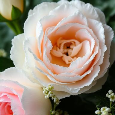 Dettaglio di un ricco bouquet da sposa con rose e peonie