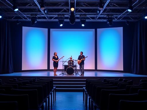 Palco di un evento aziendale con un duo acustico e illuminazione soffusa