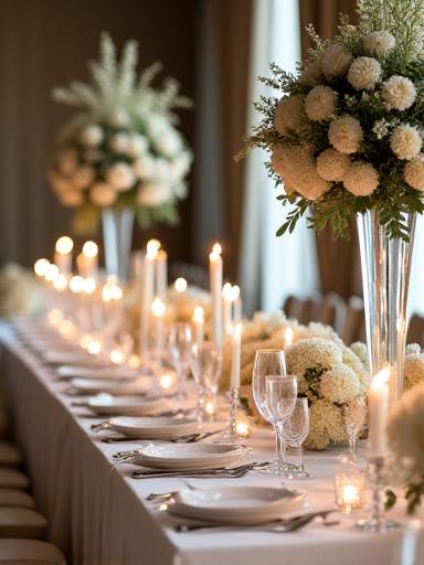 Tavolo imperiale elegantemente decorato con fiori per un matrimonio