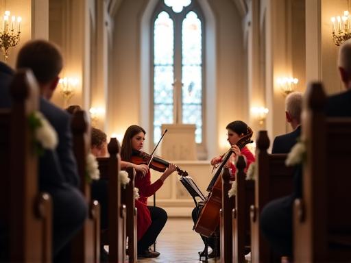 Quartetto d'archi che suona durante una cerimonia nuziale in chiesa