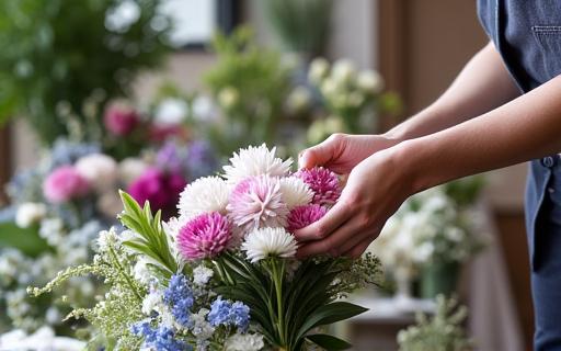 Un floral designer che crea una complessa composizione floreale