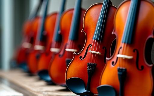 Violini e violoncelli esposti e disponibili per il noleggio